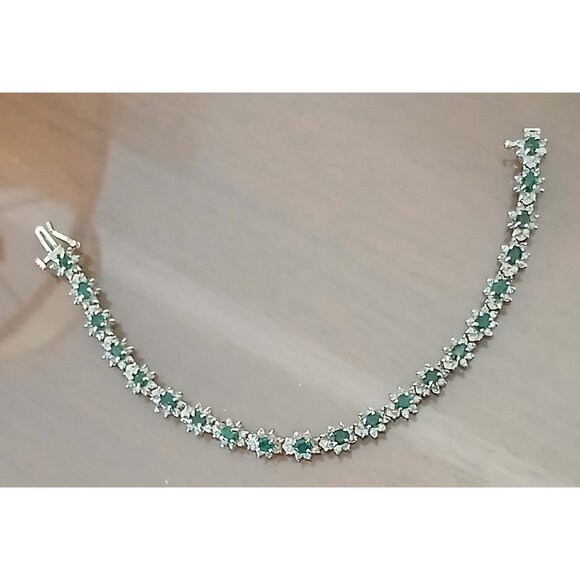 14K Yellow Gold Emerald & Diamond Link Bracelet - Picture 1 of 13